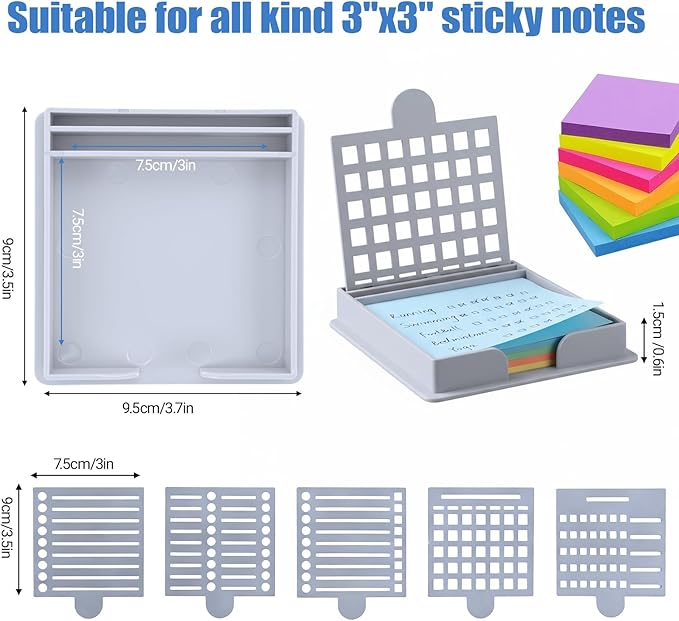 Sticky Note Stencil and Holder, 3x3 Inch Stick List Organizer, Post It Dispenser for Room and Office Desk Organizer, with Five Different Stencil (Grey)