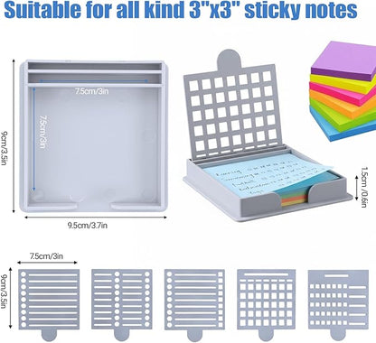 Sticky Note Stencil and Holder, 3x3 Inch Stick List Organizer, Post It Dispenser for Room and Office Desk Organizer, with Five Different Stencil (Grey)