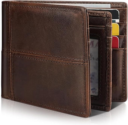 Mens Wallet Bifold Genuine Leather RFID Blocking Wallet for Men with 1 ID Window 13 Card Holders 2 cash pockets 1 Gift Box