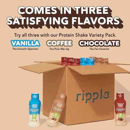 Ripple Coffee Plant Based Protein Shake | 20g of Quality Sourced Pea Protein, 100mg Caffeine, Calcium | Shelf Stable | Vegan & Non GMO | Dairy, Soy, Nut, & Gluten Free | 12 Fl Oz Bottles (Pack of 12)