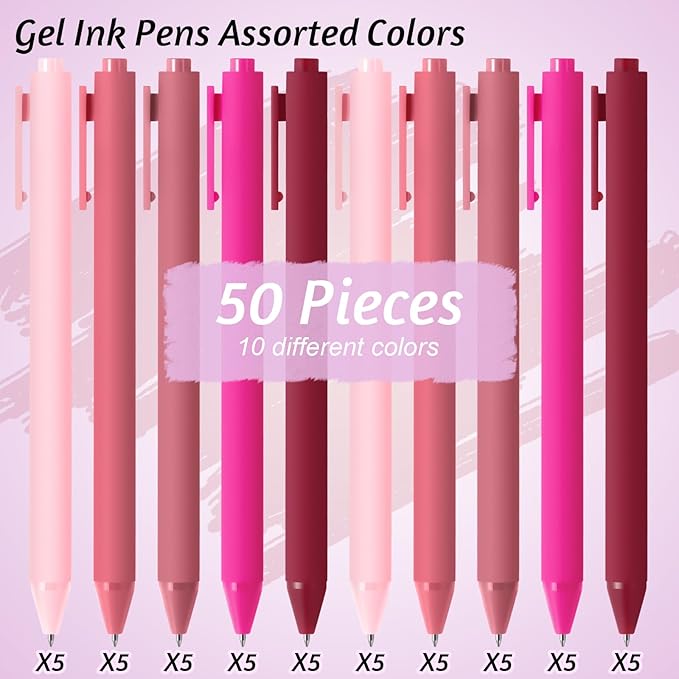 Crtiin 50 Pcs Gel Ink Pens Bulk, Black Ink 0.5mm Fine Point Retractable Pen Smooth Writing Office School Supplies for Teacher Server Operation Christmas Charity Donation Thanksgiving (Pink Series)