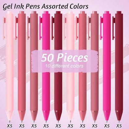 Crtiin 50 Pcs Gel Ink Pens Bulk, Black Ink 0.5mm Fine Point Retractable Pen Smooth Writing Office School Supplies for Teacher Server Operation Christmas Charity Donation Thanksgiving (Pink Series)