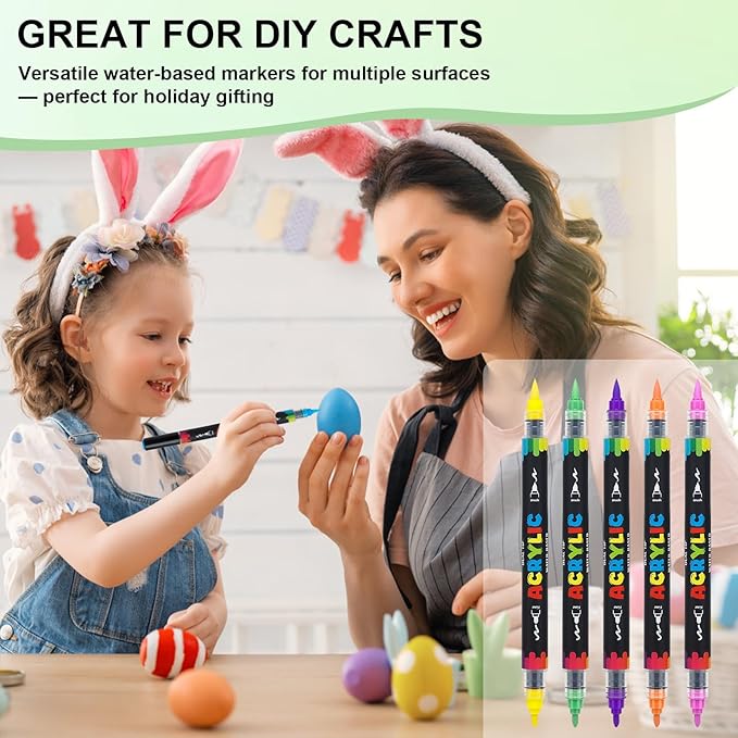5 Colors Dual Tip Acrylic Paint Markers, Water-Based Permanent Acrylic Pens with Fine & Brush Tip for Rock Painting, Canvas, Glass, Wood, Ceramic, Fabric