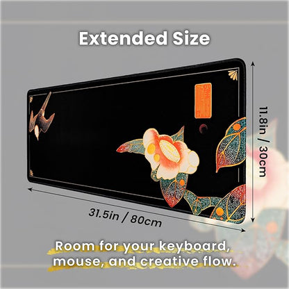 BELLEMOND Japanese Art Desk Mat | Large 31.5x11.8in Desk Pad | Mouse Pad for Keyboard & Mouse | Non-Slip Base, Water-Repellent, Smooth Precision | Camellia Silence
