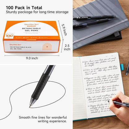 Shuttle Art Black Gel Pens, 100 Pack Retractable Medium Point Rollerball Gel Ink Pens Smooth Writing with Comfortable Grip for Office School Home Work