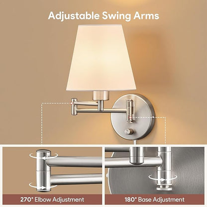 VONLUCE Modern Adjustable Swing Arm Wall Lamp Brushed Nickel, Plug-in Wall Sconce Lighting for Bedroom Bedside, Living Room, Kitchen, Hallway, Wall Mounted Light Fixtures with White Fabric Shade