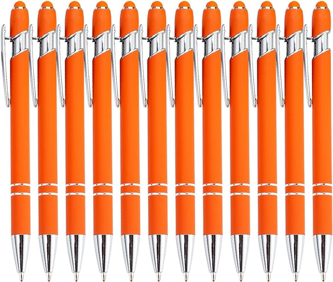 Pasisibick 12-Pack Orange Ballpoint Pens with Stylus Tip - 2 in 1 Metal Stylus, 1.0 mm Medium Point, Smooth Pen for Touch Screen Tablet
