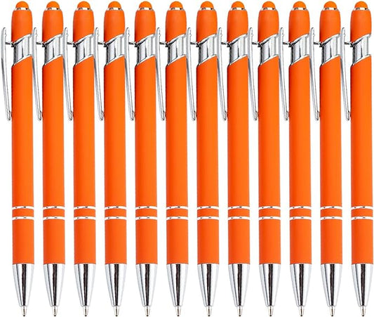 Pasisibick 12-Pack Orange Ballpoint Pens with Stylus Tip - 2 in 1 Metal Stylus, 1.0 mm Medium Point, Smooth Pen for Touch Screen Tablet