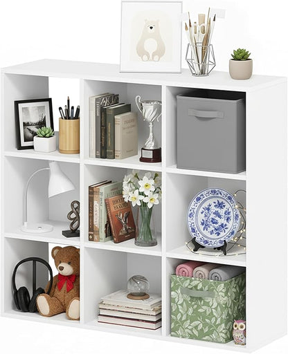 9-Cube Storage Organizer, White Bookshelf with Open Compartments for Home Office, Modern Bookcase Display Shelf for Living Room, Bedroom & Entryway