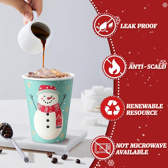 100 Pack 12 oz Christmas Coffee Cups, Holiday Disposable Paper Cups with 4 Xmas Designs for Hot Cocoa, Hot Chocolate, Cold Beverage