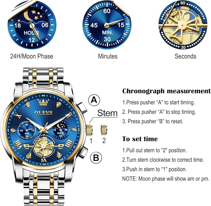 OLEVS Men Watches Stainless Steel Chronograph Watch, Large Wrist Analog Quartz Watch, Fashion Waterproof Diamond Roman Numerals Dress Watches for Men, Gold/Black/White/Blue/Grey Dial
