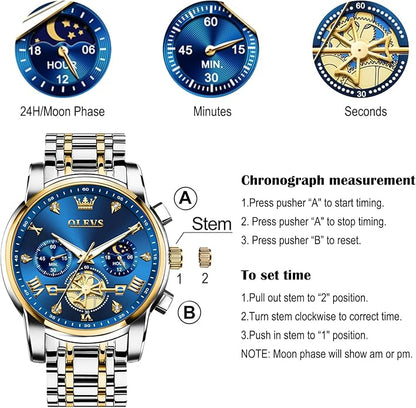 OLEVS Men Watches Stainless Steel Chronograph Watch, Large Wrist Analog Quartz Watch, Fashion Waterproof Diamond Roman Numerals Dress Watches for Men, Gold/Black/White/Blue/Grey Dial