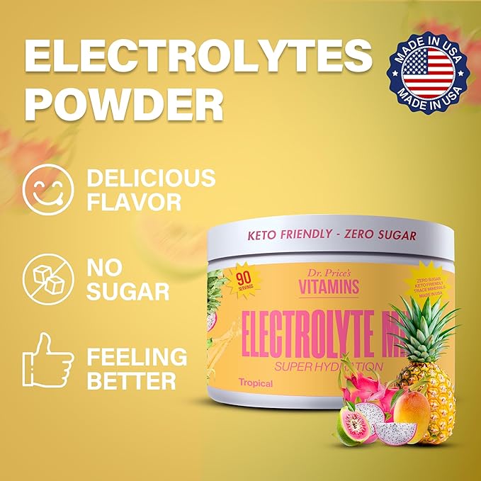 Dr. Price’s Electrolytes Powder Bulk | Tropical 90 Servings | Sugar Free Hydration Powder with 72+ Trace Minerals | Keto, Vegan, Electrolyte Drink Mix | Doctor-Formulated, Made in USA