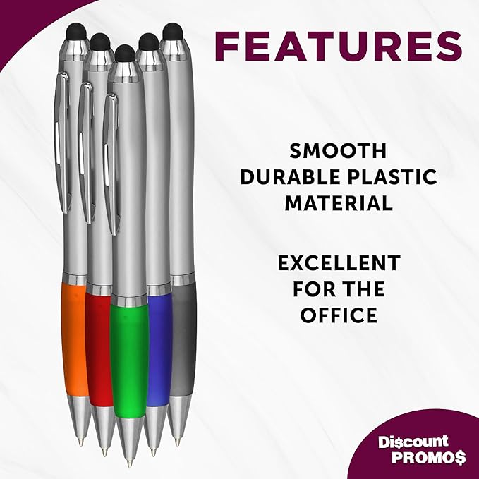 DISCOUNT PROMOS 10 Stylus Ballpoint Pens in Assorted Colors Pack - Two in One, Ergonomic, Black Ink - Assorted