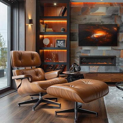 Mid Century Chaise Lounge Chair with Ottoman, Top Black Grain Leather, Modern Office Chair Classic Design, Heavy Duty Base Support for Living Room Study Lounge Office