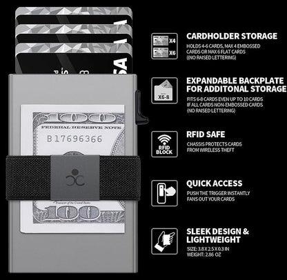 Slim Aluminum Card Holder Wallet for Men, Durable Expandable Backplate, RFID Blocking Minimalist Metal Pop Up Wallet, Holds 12 Cards Plus Cash (Grey)