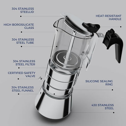 Stovetop Espresso Maker, Crystal Glass-top & Stainless Steel Espresso Moka Pot,Classic Italian coffee maker（360ml）