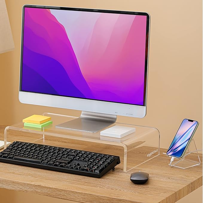 Premium Acrylic Monitor Stand, Extra-Wide Clear Computer Riser 20"x10"x4" – Laptop Stand, Desktop Organizer for Office & Home, TV, Printer, iMac, Laptop – Bonus Acrylic Phone Holder