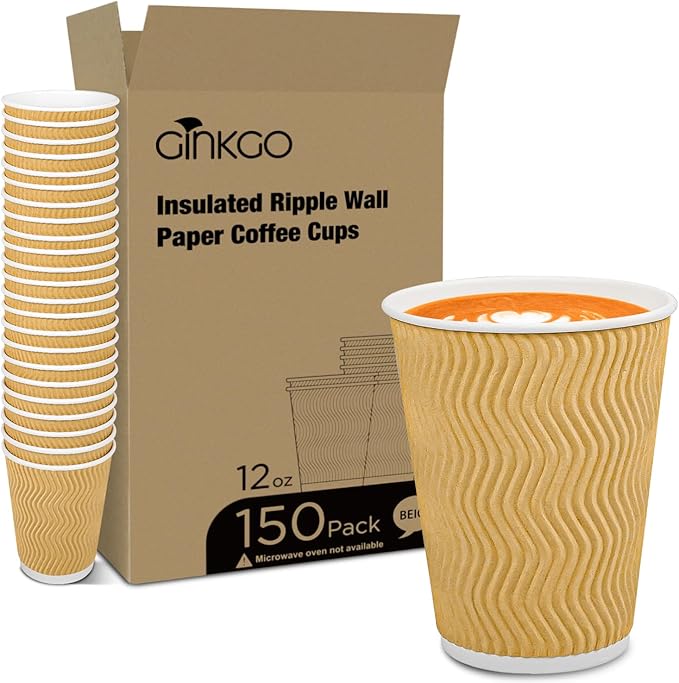Ginkgo 150 Pack Hot Paper Cups 12 oz Insulated Disposable Corrugated Coffee Cups Ripple Wall Beverage Cups