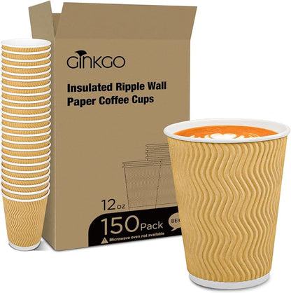 Ginkgo 150 Pack Hot Paper Cups 12 oz Insulated Disposable Corrugated Coffee Cups Ripple Wall Beverage Cups