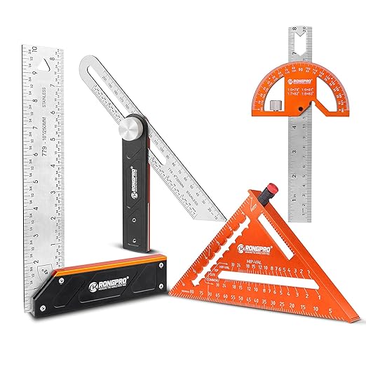 4Pcs Woodworking Tools -7''Aluminum Rafter Square,12''Adjustable Protractor Angle Finder,10'Woodworking Square Ruler and T-Bevel Gauge-1/16 Precision…