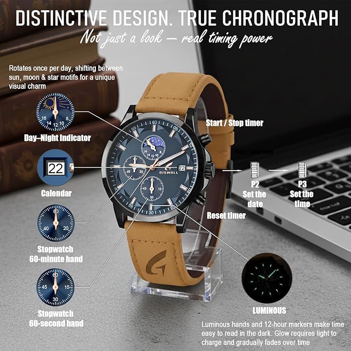 Distinctive Mens Analog Chronograph Watches with Auto Date & Multi Subdials, Fashion Casual Sport Quartz Wrist Watches with Luminous, 3ATM Waterproof, Valentines Day Gifts for Him, Boyfriend, Husband, Dad