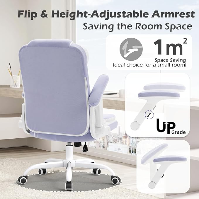 SEATZONE Office Chair Velvet Fabric Ergonomic Executive Computer Desk Chairs Small Cute Rolling Task Chairs for Teens&Adults,Purple