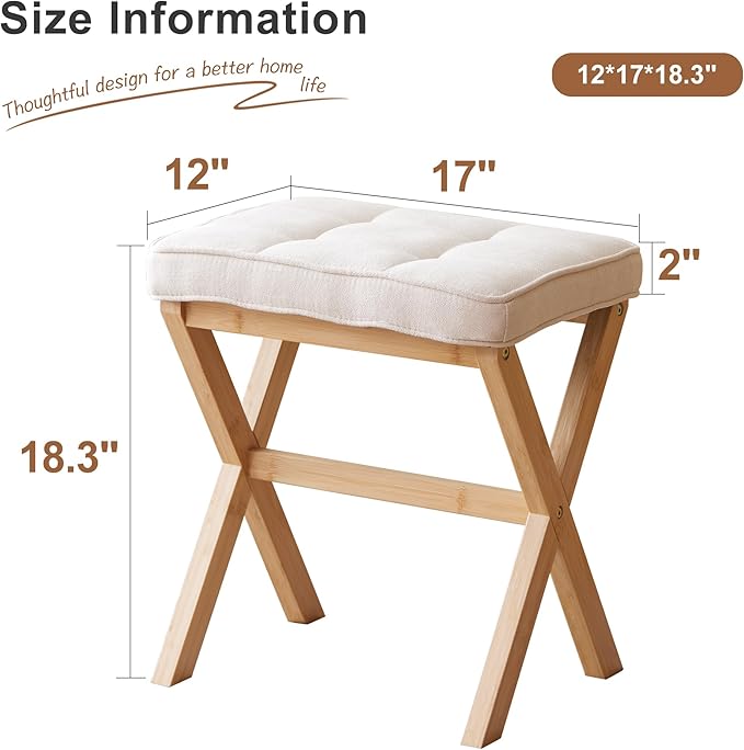 FILWH Foot Stool Small Ottoman Foot Rest Padded Foot Stool Desk Foot Stool for Under Office Desk Vanity Stool Bamboo Footstool Sofa Footrest Shoe Stool Small Foot Stools (Natural Legs + Beige)