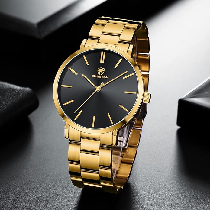 GOLDEN HOUR Men's Watches Slim Minimalist Runway Plated Stainless Steel Quartz Analog Watch