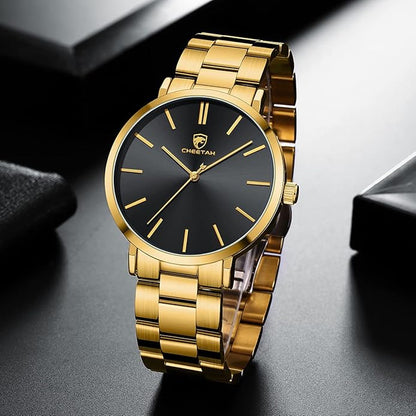 GOLDEN HOUR Men's Watches Slim Minimalist Runway Plated Stainless Steel Quartz Analog Watch