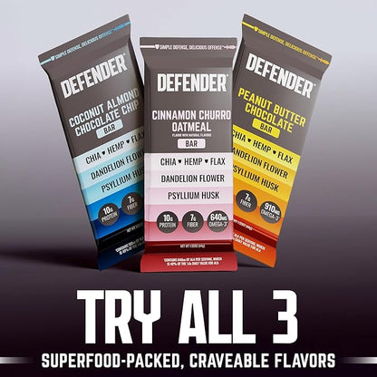 Defender Vegan Protein Bar, Cinnamon Churro Oatmeal, Plant Based Snack Breakfast Bars, Psyllium Husk, High Fiber, Non GMO, Kosher, No Stevia & Sugar Alcohols, 12 Bars, Holiday Gift Item, Stocking Stuffer