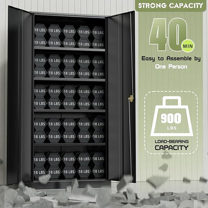 SUNCROWN 72" Metal Storage Cabinet - Heavy-Duty Metal Garage Cabinet with 4 Adjustable Shelves & 2 Doors for Tools, Office, Home, Workshop,Black