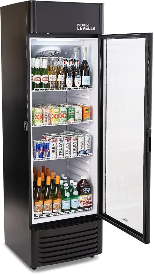 PremiumLevella PRF1257DX Glass Door Display Refrigerator 12.5 cu ft Commercial Beverage Cooler Merchandiser With Customizable Lightbox - Black