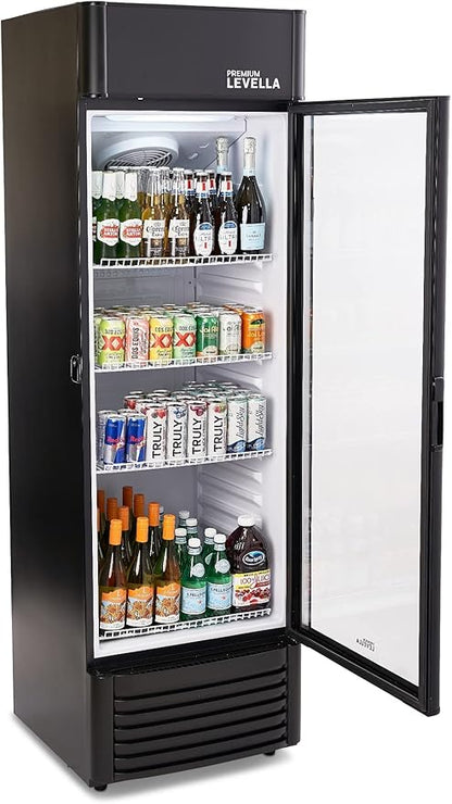 PremiumLevella PRF1257DX Glass Door Display Refrigerator 12.5 cu ft Commercial Beverage Cooler Merchandiser With Customizable Lightbox - Black