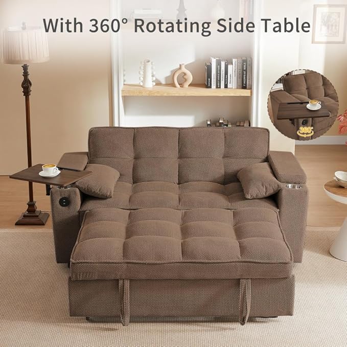 65'' Convertible Sleeper Sofa Bed with Adjustable Backrest, Chaise Lounge, Side Table & USB/Type-C Ports – Stylish & Functional Addition to Any Living Room (Brown)