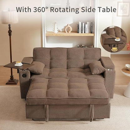 65'' Convertible Sleeper Sofa Bed with Adjustable Backrest, Chaise Lounge, Side Table & USB/Type-C Ports – Stylish & Functional Addition to Any Living Room (Brown)