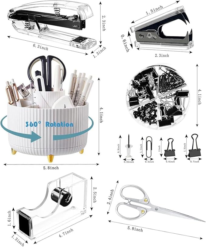 Desk Organizers and Accessories 7Pcs Set with 360-Degree Rotating Pen Holder, Acrylic Stapler, Tape Holder, Staple Remover, Binder/Paper Clips Kit, Scissor and 1 Box of Staples