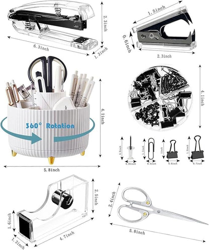 Desk Organizers and Accessories 7Pcs Set with 360-Degree Rotating Pen Holder, Acrylic Stapler, Tape Holder, Staple Remover, Binder/Paper Clips Kit, Scissor and 1 Box of Staples
