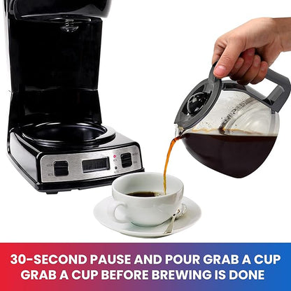 Total Chef Drip Coffee Maker - 12-Cup Programmable Coffee Machine With Glass Pot, Pause and Pour, Auto Shut-Off, Large Water Reservoir, Reusable Filter, Dishwasher Safe Carafe, Percoladora de Café