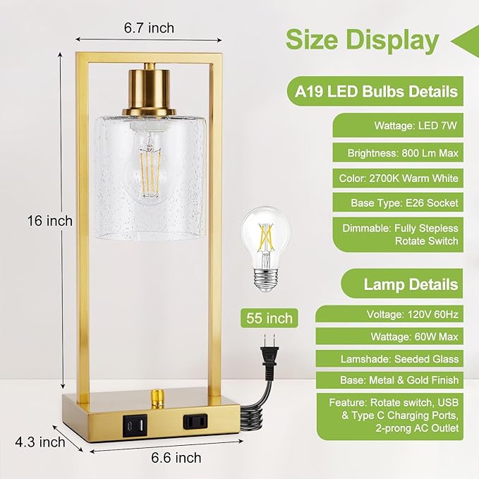 16" Set of 2 Gold Industrial Table Lamps with USB A+C Charging Ports and AC Outlet, Fully Stepless Dimmable Bedside Lamps with Seeded Glass Shade for Bedroom Living Room Office, LED Bulbs Included