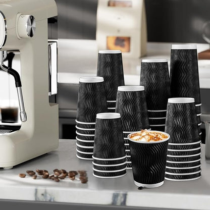 Lamosi 12 oz Disposable Coffee Cups - 120 Pack, Insulated Corrugated Paper Cups 12 oz, Kraft Ripple Wall Cups for Hot Beverage or Cold Drinks Office/Home/Party/Travel/Cafe (Black)