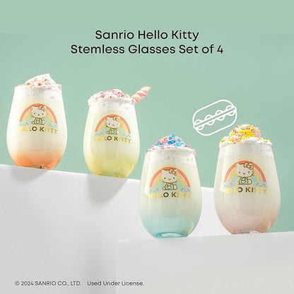 JoyJolt Hello Kitty Sweet Rainbow Stemless Drinking Glasses Set of 4, 19oz Glass Cups, Kawaii Kitchen Glassware Sets, Sanrio Hello Kitty Merch, Teardrop Tumblers for Water, Juice, Coffee, Iced Tea