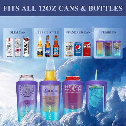 4 in 1 Insulated Slim Can Cooler for 12 OZ Cans and Beer Bottle - Keep 8 Hours Cold, Easy to Hold - Stainless Steel Can Holder, Double Walled Can Insulator for Hard Seltzer and More