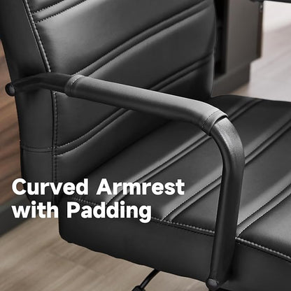 Office Desk Chair Leather, Conference Room Chairs with Wheels, Modern Executive Office Chairs Adjustable Height, Ergonomic Swivel Rolling Ribbed Computer Chair(Matte Black)