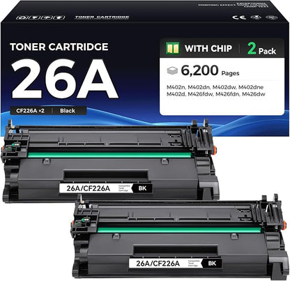 26A Toner Cartridge Black 2-Pack High Yield with Chip Replacement for HP 26A CF226A Compatible with HP Laserjet Pro MFP M426fdn M426fdw M402dn M402dne M402dw M402n Printer M426 M402 Series Ink Copier
