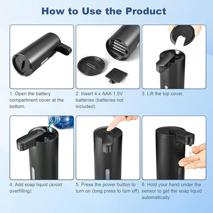 2 Pack Automatic Liquid Soap Dispenser, Touchless 12oz/340ml Stainless Steel Soap Dispenser, Motion Sensor Pump for Bathroom Kitchen Dish Soap, Hands-Free and Waterproof(Black)