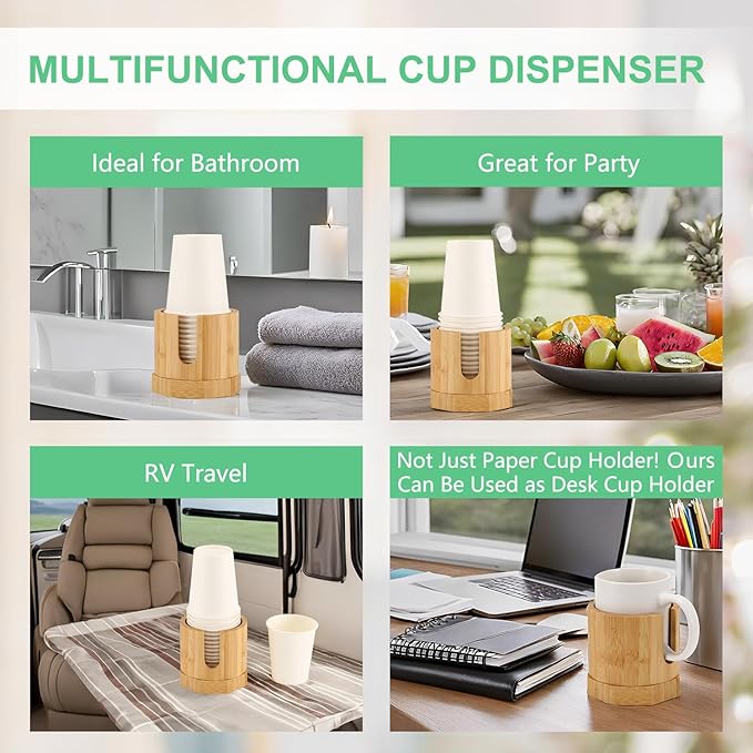 Nnewvante Bamboo Cup Dispenser, 5-8oz Bathroom & Kitchen Cup Holder, Dual-Purpose Paper & Desk Cup Holder, Anti-Spill, Width Upgrade, Party Cup Organizer, Ideal Gift