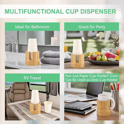 Nnewvante Bamboo Cup Dispenser, 5-8oz Bathroom & Kitchen Cup Holder, Dual-Purpose Paper & Desk Cup Holder, Anti-Spill, Width Upgrade, Party Cup Organizer, Ideal Gift