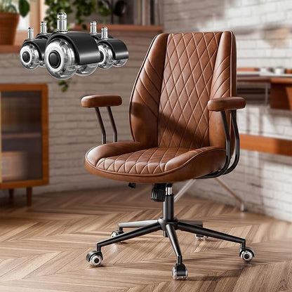 Brown Leather Office Desk Chair with Wheels, Quiet Casters, Height Adjustable, Padded Arms, Vintage Mid Century Office Chair, Retro Style Desk Chair
