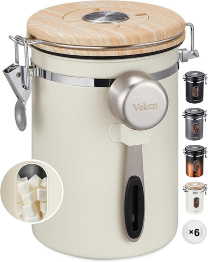 Veken Coffee Sugar Canister with Window, Coffee Lover Gift Set,Airtight Stainless Steel Kitchen Food Storage Container Gifts, Date Tracker & Scoop for Grounds Coffee,Beans,Tea,Flour,Cereal,22OZ,Cream